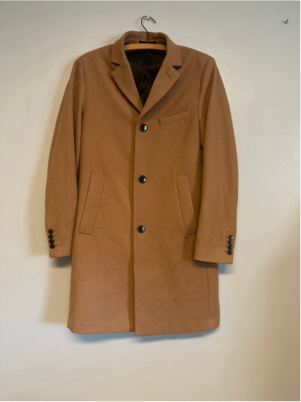 H&M Men's Tan Wool-Blend Pea Coat, Size S, Black Lining Overcoat Notched Lapel